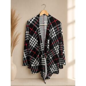 Shein Curve 3XL Black White Red Plaid Open Front Cardigan